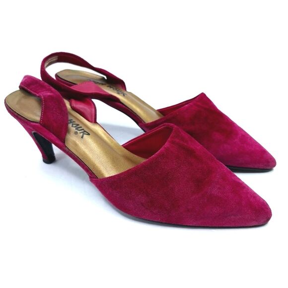 VTG Rush Hour Hot Pink Fuchsia Magenta Suede Strappy Slingback 3" Heels Sz 10 - Picture 3 of 8